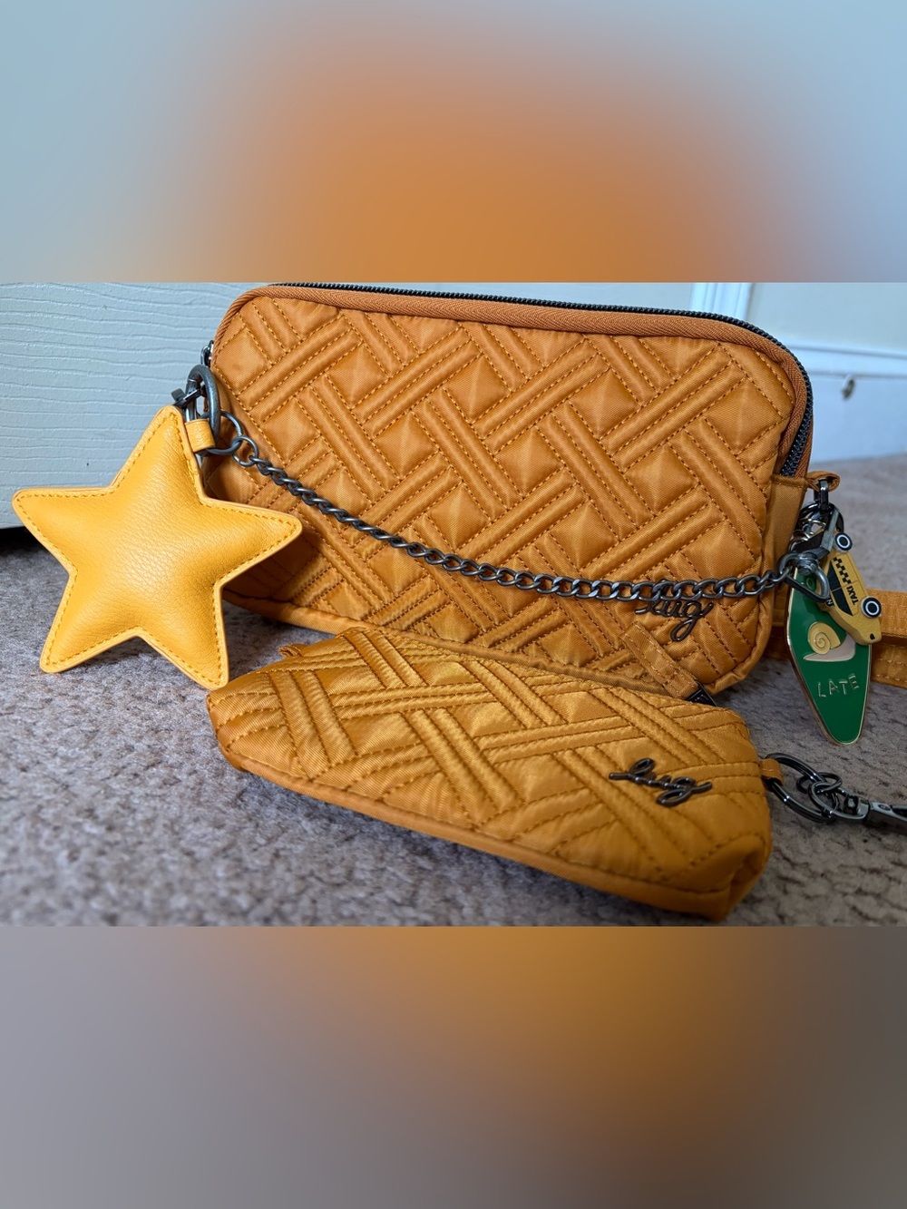 Lug Coupe XL Amber Yellow Crossbody Bag with Matching Metro XL Wallet and Charms